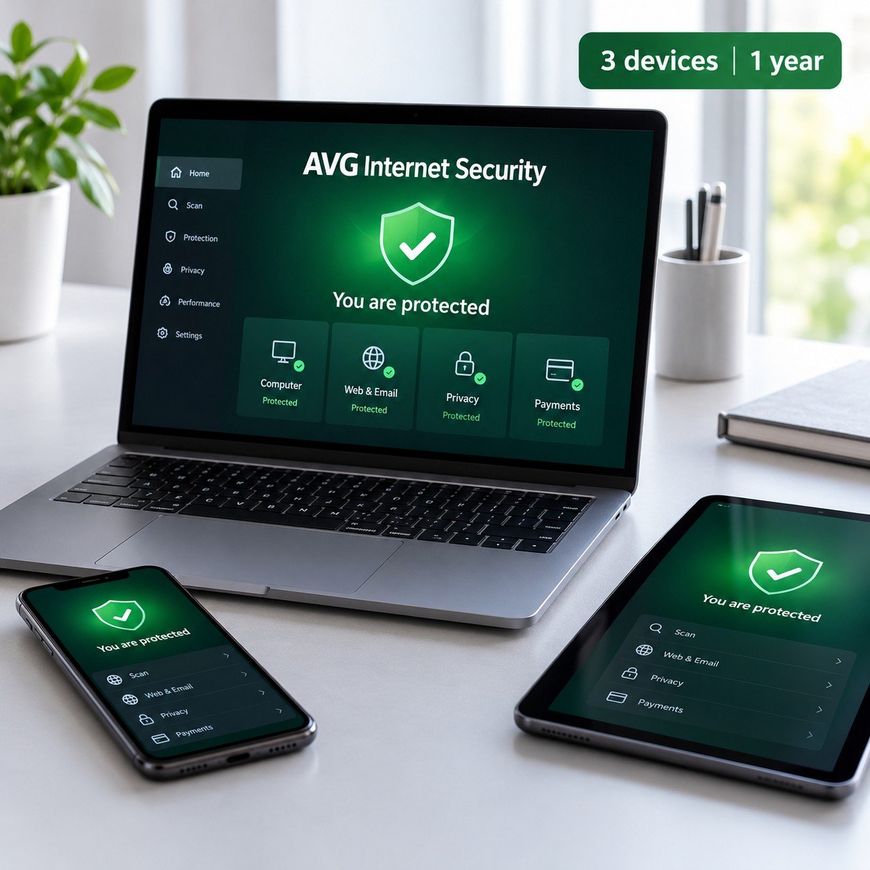 AVG Internet Security 3 Devices 1 Year - Laptop Phone Tablet