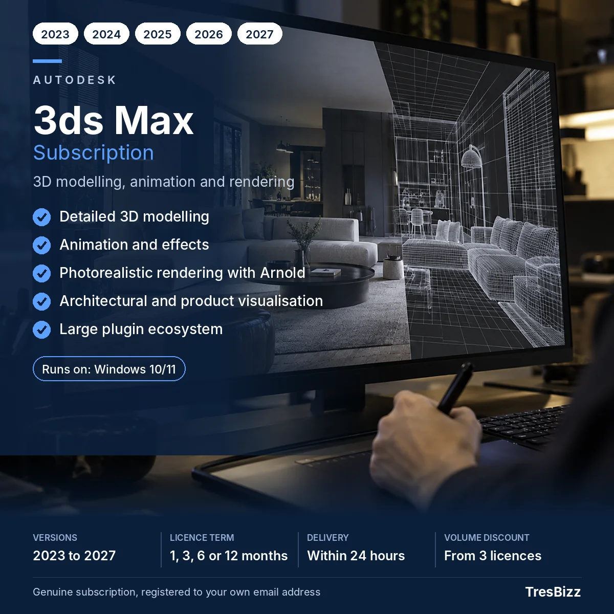 Autodesk 3ds Max subscription at TresBizz, versions 2023 to 2027