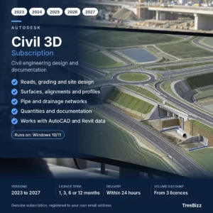 Autodesk Civil 3D subscription at TresBizz, versions 2023 to 2027