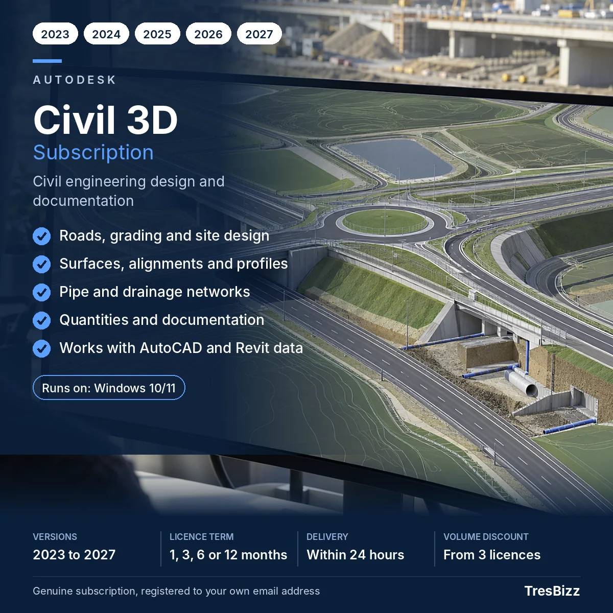 Autodesk Civil 3D subscription at TresBizz, versions 2023 to 2027