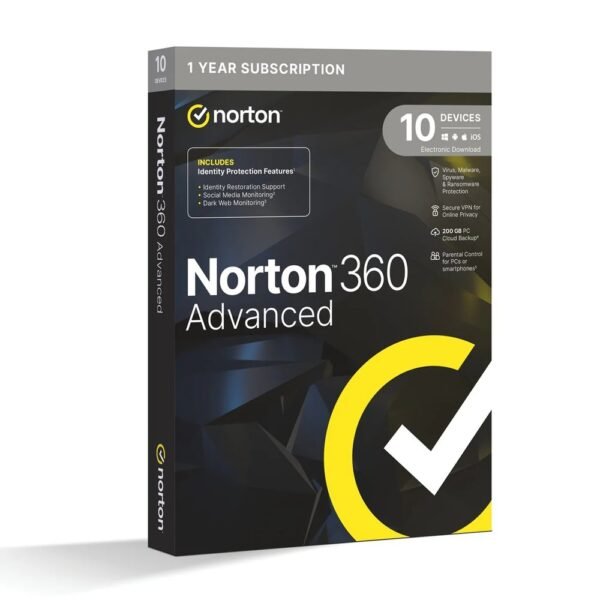 Norton 360 Advanced 10 Devices 1 Year (No Subscription)