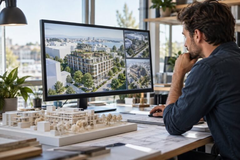 Architect reviewing a 3D building model on a large monitor