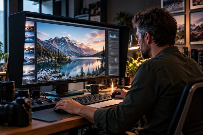 Photo editor retouching a landscape photo on a calibrated monitor
