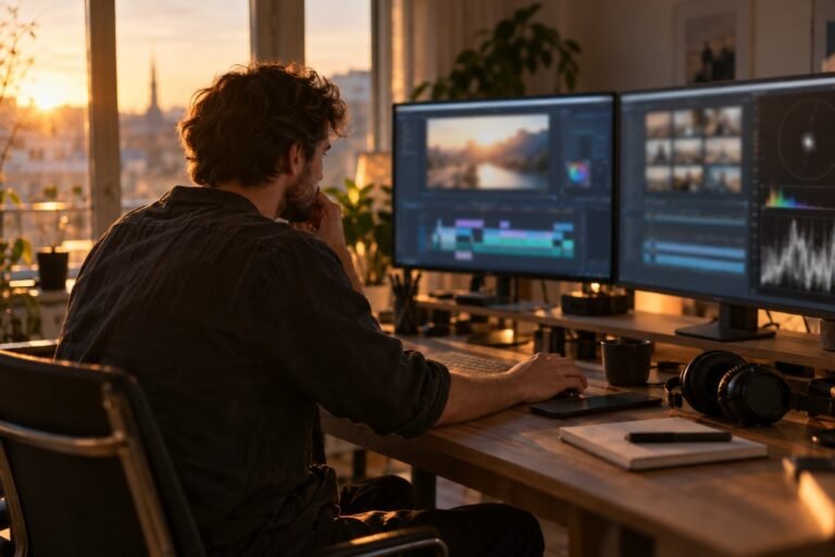 Video editor working at a two-monitor editing suite