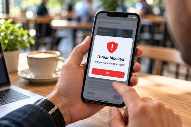 Smartphone security app alert showing a blocked threat