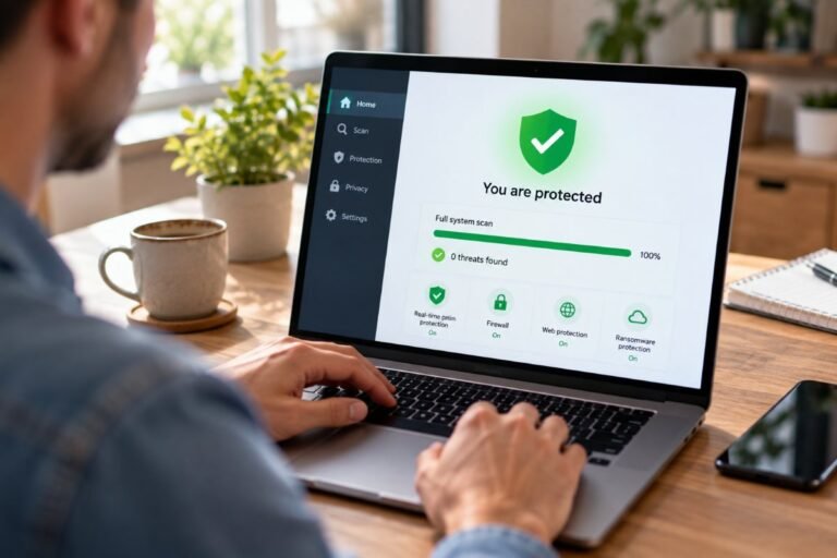 Laptop showing an antivirus dashboard with a green shield and a completed scan