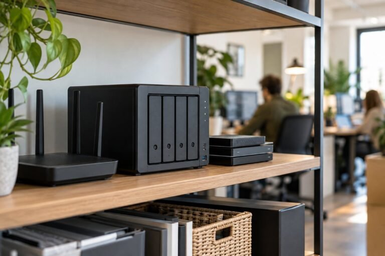 Network storage and backup drives on an office shelf