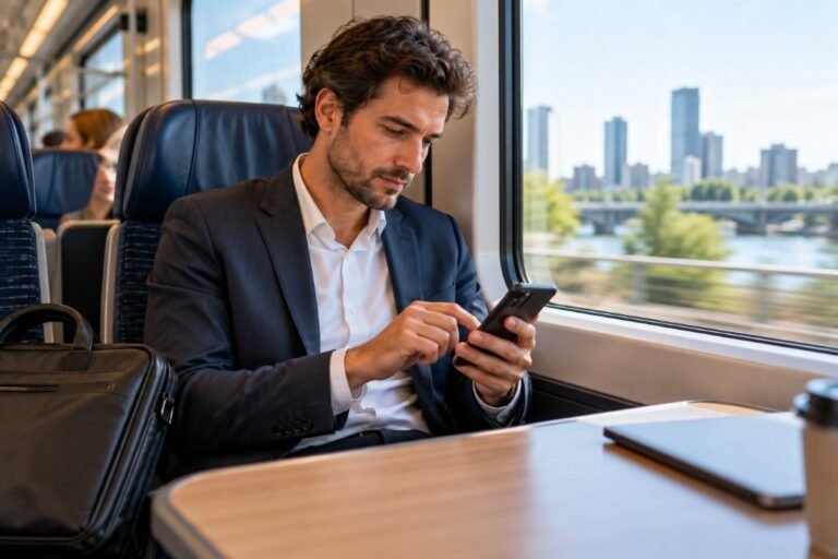 Businessman editing a document on his smartphone on a train