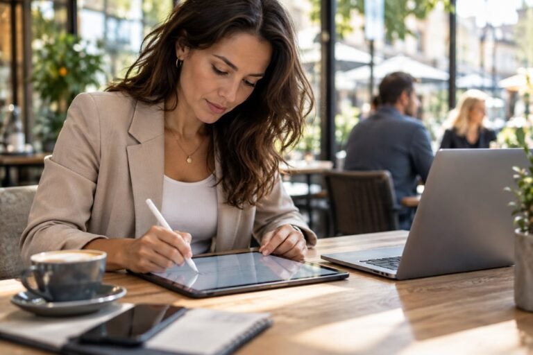 Professional signing a document on a tablet at a cafe