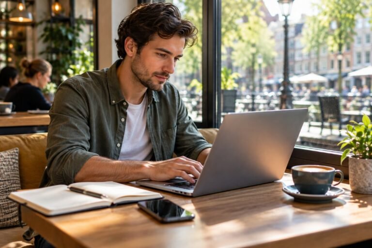 Freelancer editing documents on a laptop at a cafe window