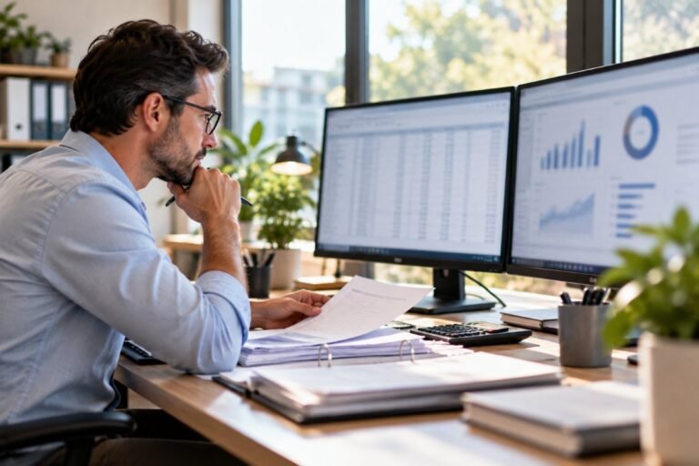 Accountant working with spreadsheets on two monitors
