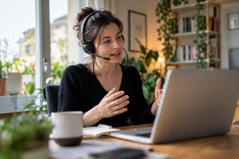 Professional on a video call in a home office