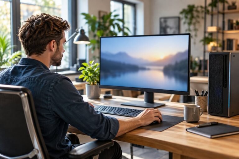 Modern desktop PC workstation in a bright office