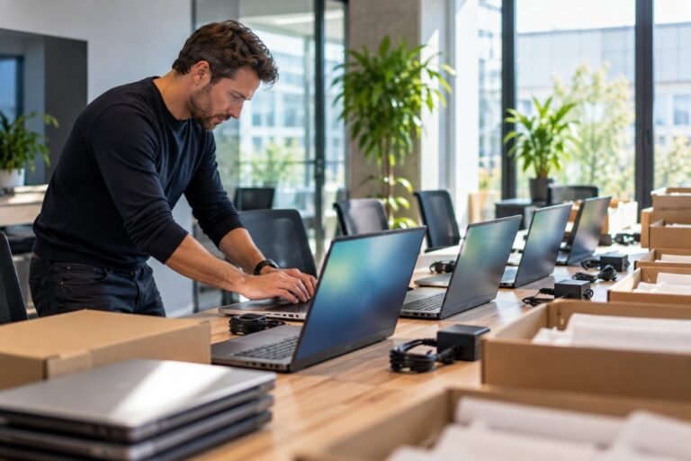 IT administrator setting up new laptops for staff