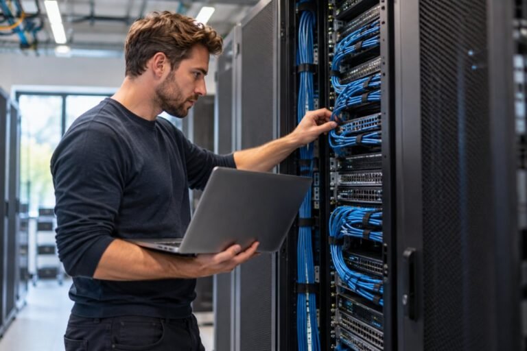IT technician checking a server rack with a laptop